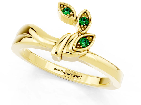 Yellow Gold Round Lab-Grown Emerald Three Stone Leaf Bypass Wedding Band with Ribbed Wrap