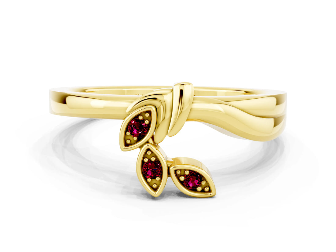 Yellow gold Three-Stone Round Garnet Leaf Bypass Ring with Bezel Setting_6