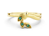 Yellow gold Three-Stone Round Green Sapphire Leaf Bypass Ring with Bezel Setting_6