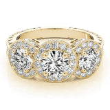 Yellow gold Three-Stone Round Halo Diamond Milgrain Band with Four-Prong Setting 1