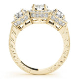 Yellow gold Three-Stone Round Halo Diamond Milgrain Band with Four-Prong Setting 2