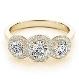 Yellow gold Three-Stone Round Halo Diamond Ring with Pavé Band and Prong Setting 1