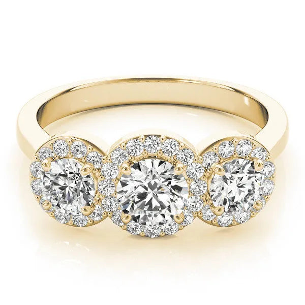Yellow gold Three-Stone Round Halo Diamond Ring with Pavé Band and Prong Setting