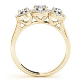 Yellow gold Three-Stone Round Halo Diamond Ring with Pavé Band and Prong Setting 2