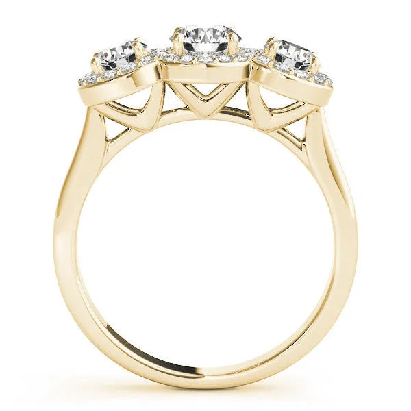 Yellow gold Three-Stone Round Halo Diamond Ring with Pavé Band and Prong Setting