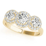 Yellow gold Three-Stone Round Halo Diamond Ring with Pavé Band and Prong Setting