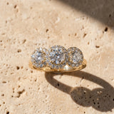 Yellow gold Three-Stone Round Halo Diamond Ring with Pavé Band and Prong Setting_15