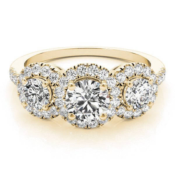 Yellow gold Three-Stone Round Halo Diamond Ring with Pave Band and Prong Setting 1