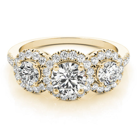 Yellow gold Three-Stone Round Halo Diamond Ring with Pave Band and Prong Setting 1
