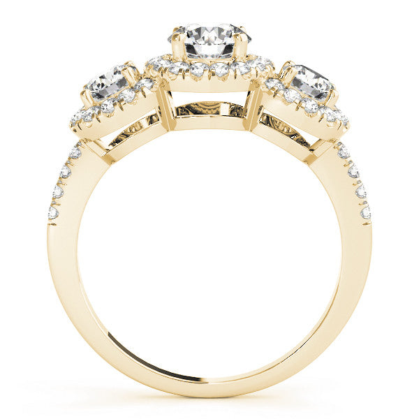 Yellow gold Three-Stone Round Halo Diamond Ring with Pave Band and Prong Setting 2