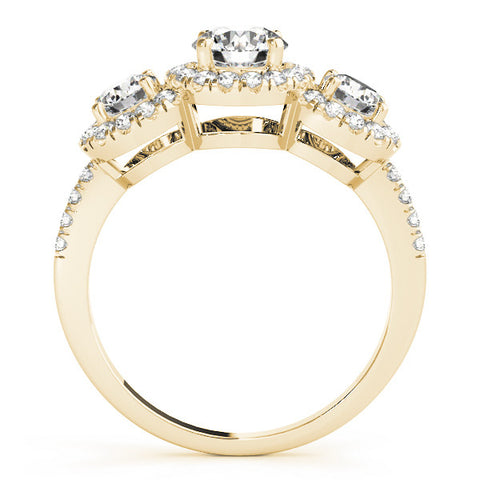Yellow gold Three-Stone Round Halo Diamond Ring with Pave Band and Prong Setting 2