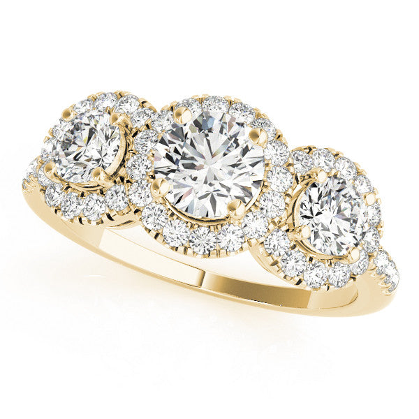 Yellow gold Three-Stone Round Halo Diamond Ring with Pave Band and Prong Setting