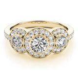 Yellow gold Three-Stone Round Halo Pavé Diamond Ring 1