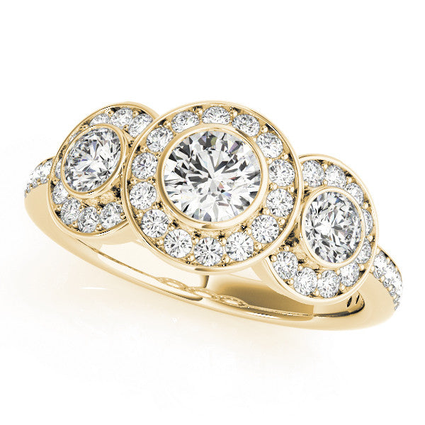 Yellow gold Three-Stone Round Halo Pavé Diamond Ring