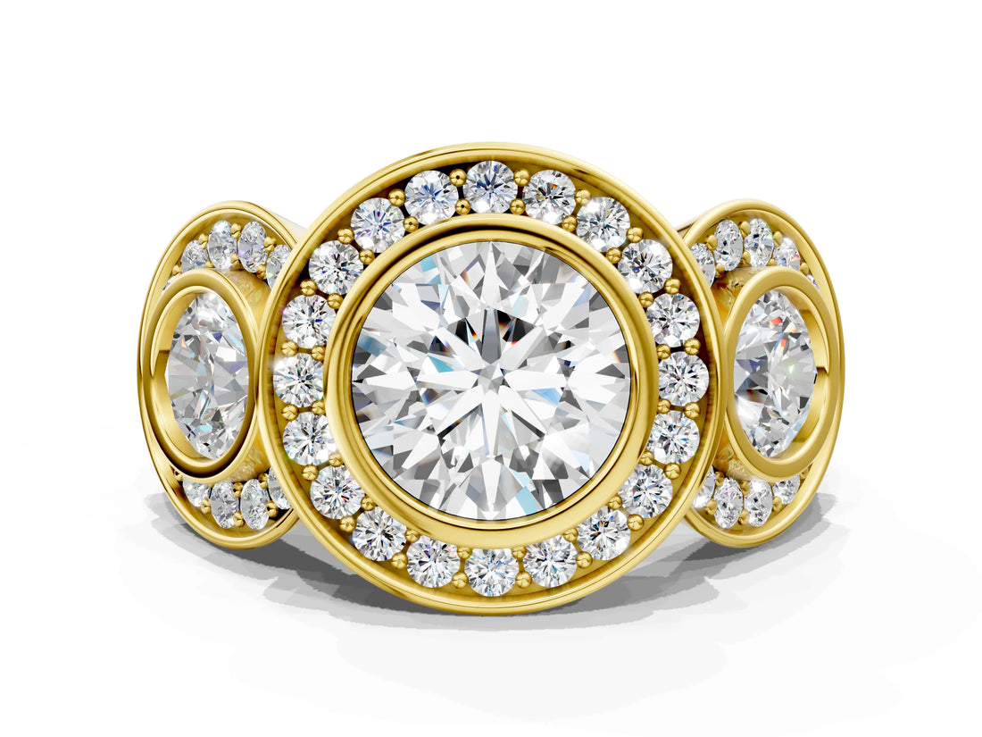 Yellow gold Three-Stone Round Halo Pavé Diamond Ring_3