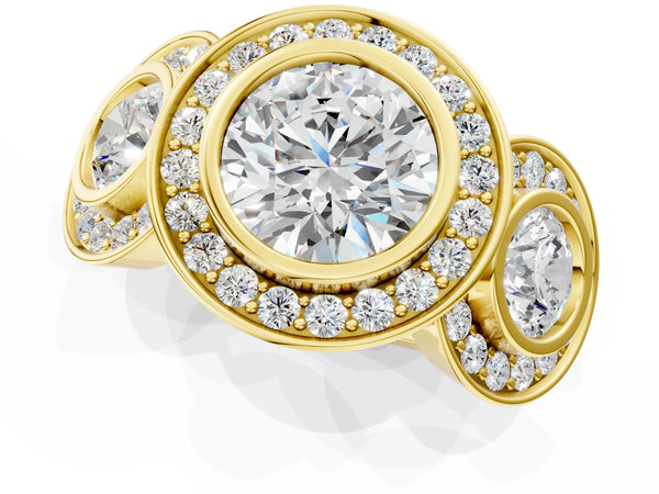 Yellow Gold Round Bezel Three Stone Halo Engagement Ring Setting with Pave Shoulders