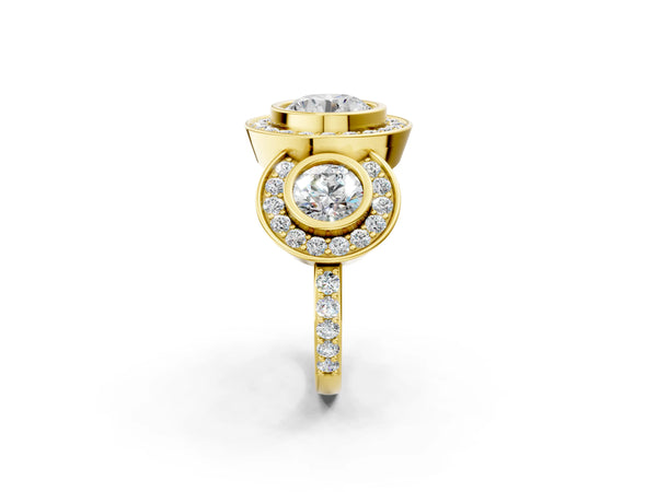 Yellow Gold Round Bezel Three Stone Halo Engagement Ring Setting with Pave Shoulders