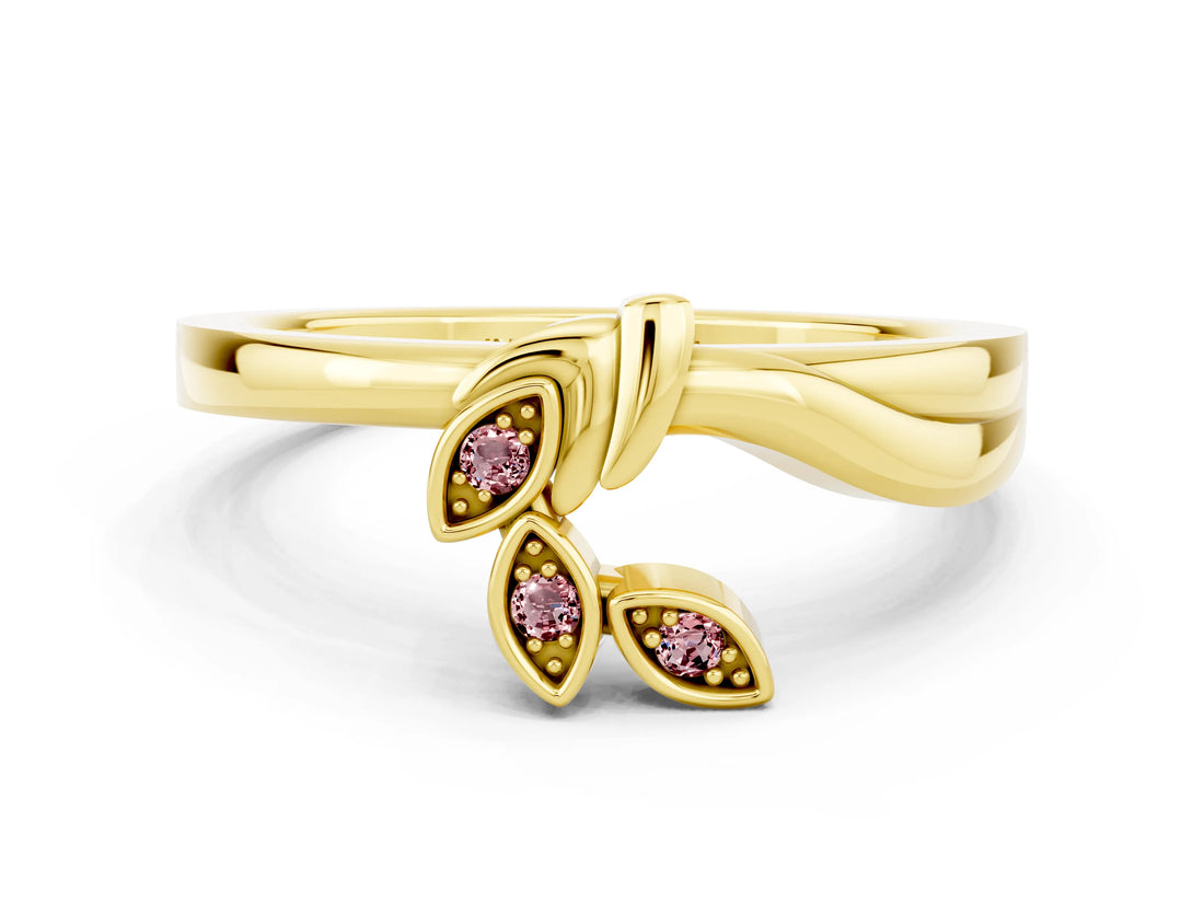 Yellow gold Three-Stone Round Morganite Leaf Bypass Ring with Bezel Setting_6