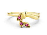 Yellow gold Three-Stone Round Pink Sapphire Leaf Bypass Ring with Bezel Setting_18