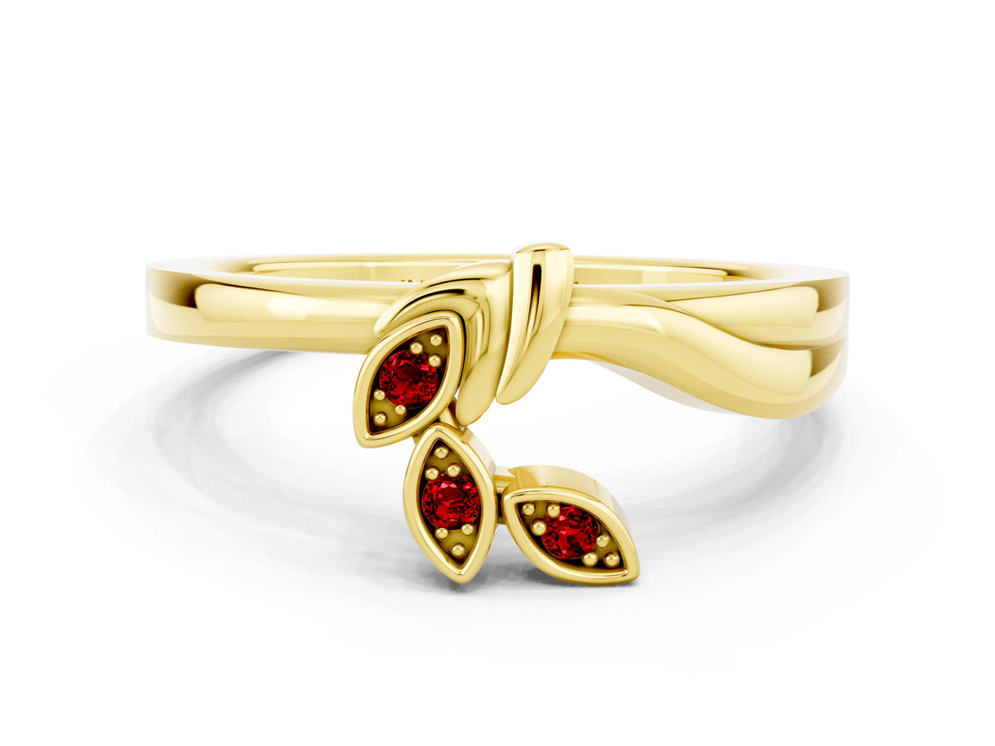 Yellow gold Three-Stone Round Ruby Leaf Bypass Ring with Bezel Setting_6