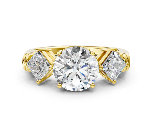 Yellow gold Three-Stone Round and Princess Cut Diamond Ring with Channel Band and Four-Prong Setting
