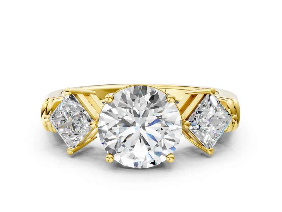 Yellow gold Three-Stone Round and Princess Cut Diamond Ring with Channel Band and Four-Prong Setting