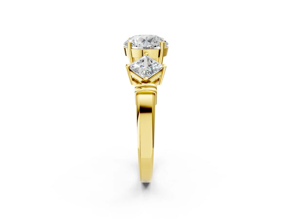 Yellow gold Three-Stone Round and Princess Cut Diamond Ring with Channel Band and Four-Prong Setting
