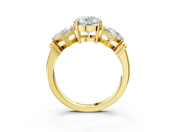 Yellow gold Three-Stone Round and Princess Cut Diamond Ring with Channel Band and Four-Prong Setting