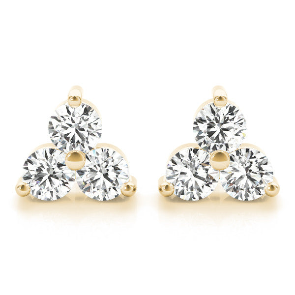 Yellow gold Triangular Cluster Round Diamond Stud Earrings with Prong Setting