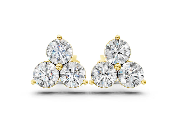 Yellow gold Triangular Cluster Round Diamond Stud Earrings with Prong Setting