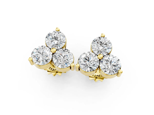 Yellow gold Triangular Cluster Round Diamond Stud Earrings with Prong Setting