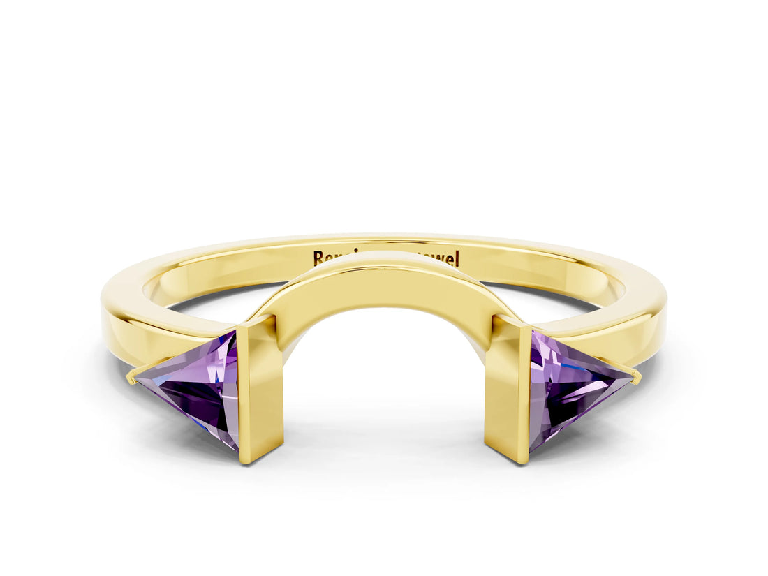 Yellow gold Trillion Amethyst Open Band Ring with Bezel Setting_6