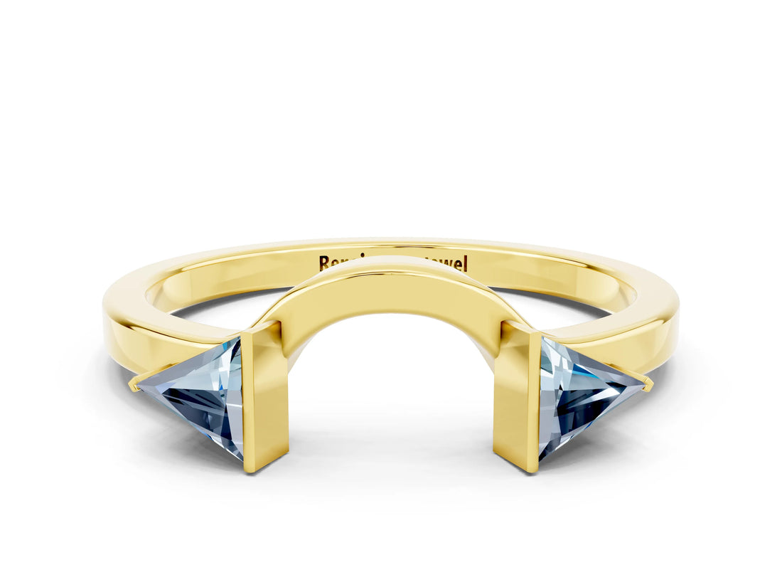 Yellow gold Trillion Aquamarine Open Band Ring with Bezel Setting_6