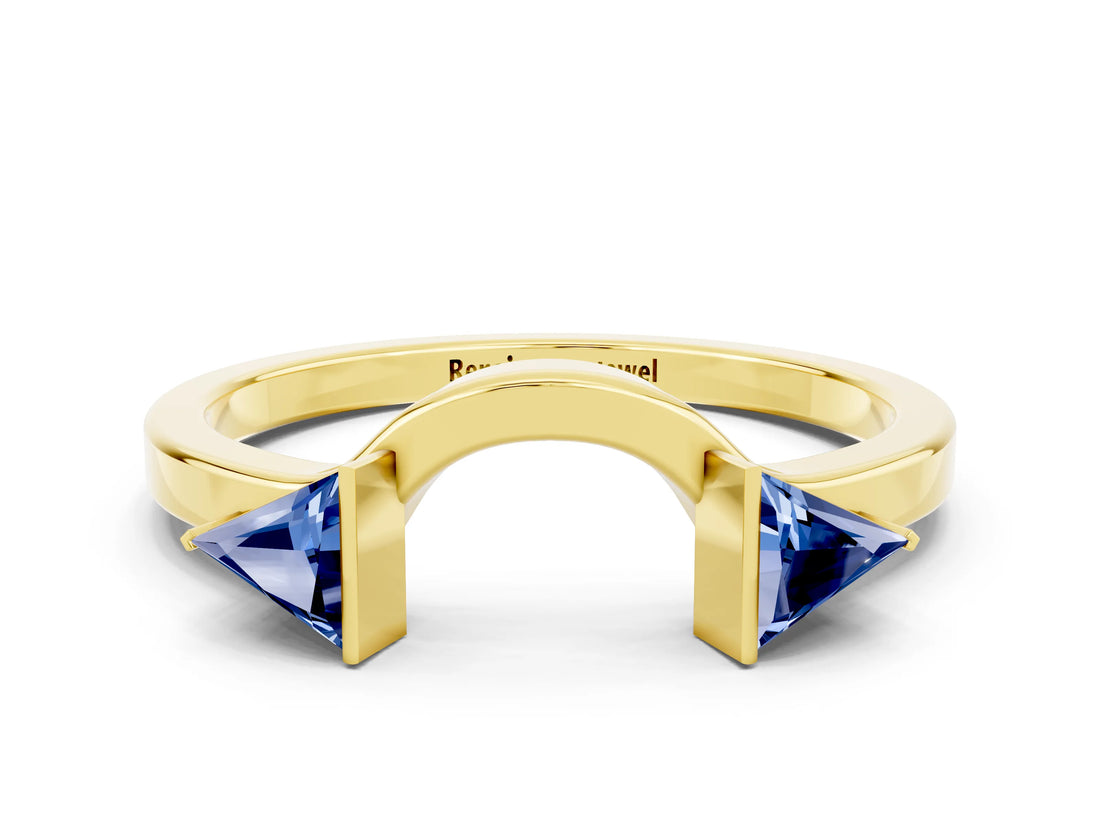 Yellow gold Trillion Blue Sapphire Open Band Ring with Bezel Setting_6