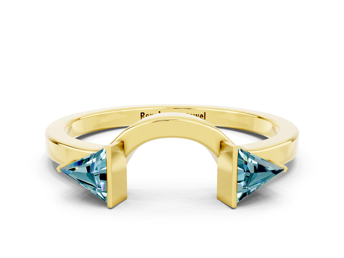 Yellow gold Trillion Blue Topaz Open Band Ring with Bezel Setting_6