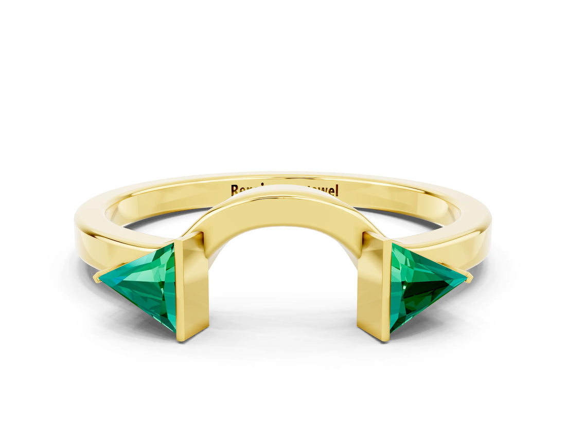 Yellow gold Trillion Emerald Open Band Ring with Bezel Setting_6