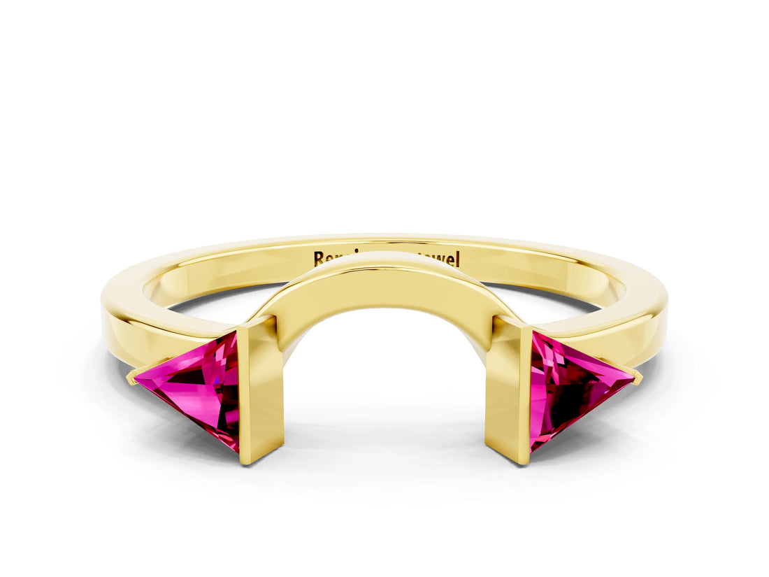 Yellow gold Trillion Garnet Open Band Ring with Bezel Setting_6