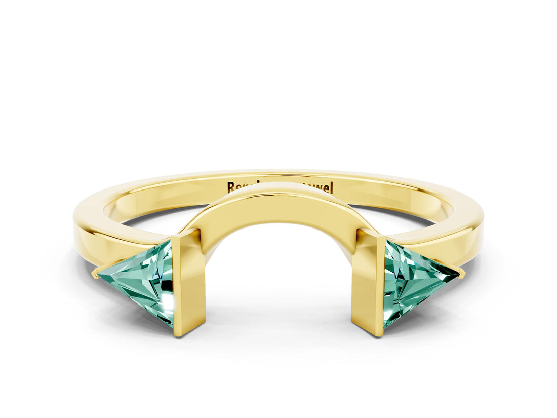 Yellow gold Trillion Green Sapphire Open Band Ring with Bezel Setting_6