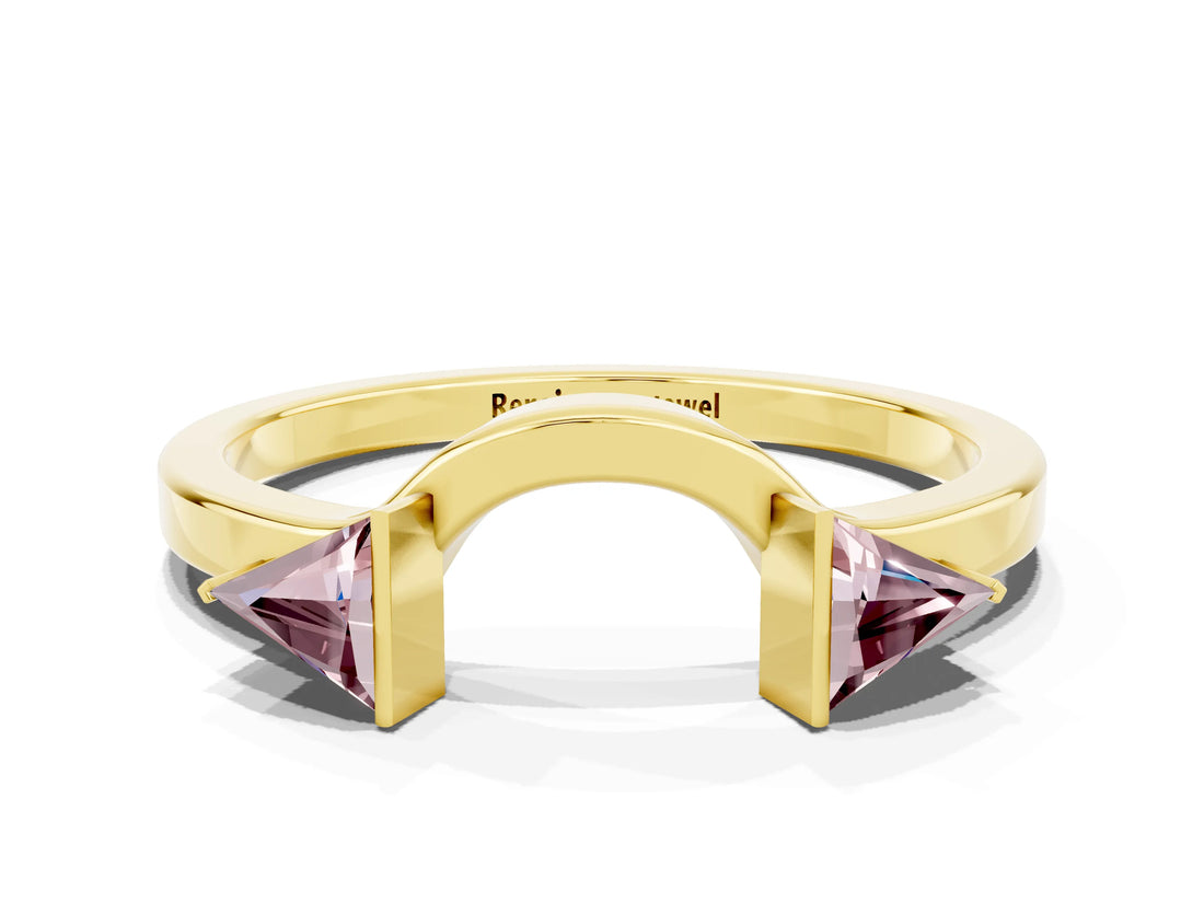 Yellow gold Trillion Morganite Open Band Ring with Bezel Setting_6