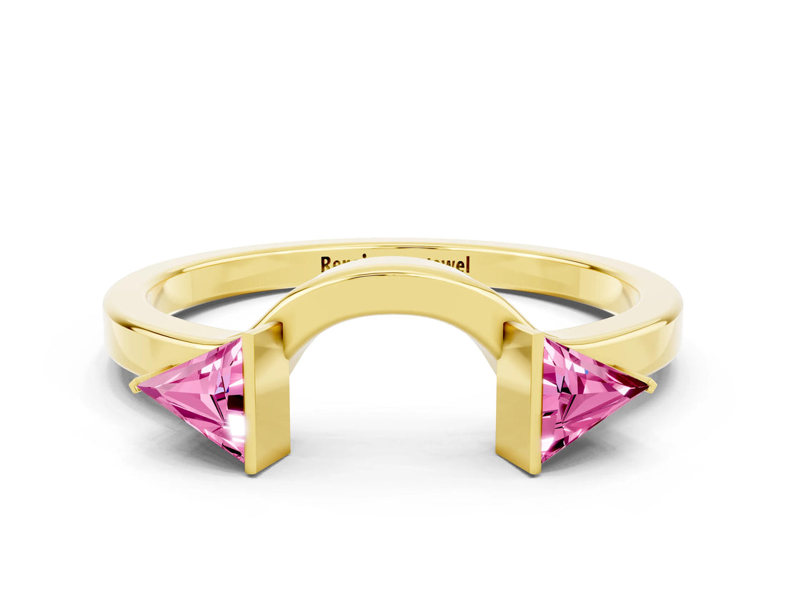 Yellow gold Trillion Pink Sapphire Open Band Ring with Bezel Setting_18