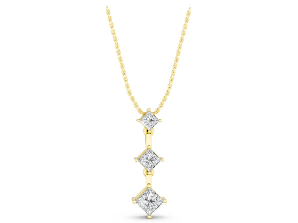Yellow gold Triple Princess Cut Drop Pendant with Four-Prong Setting