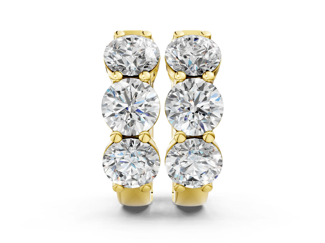 Yellow gold Triple Round Diamond Huggie Earrings with Prong Setting_6