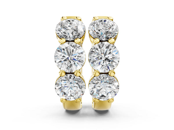 Yellow gold Triple Round Diamond Huggie Earrings with Prong Setting