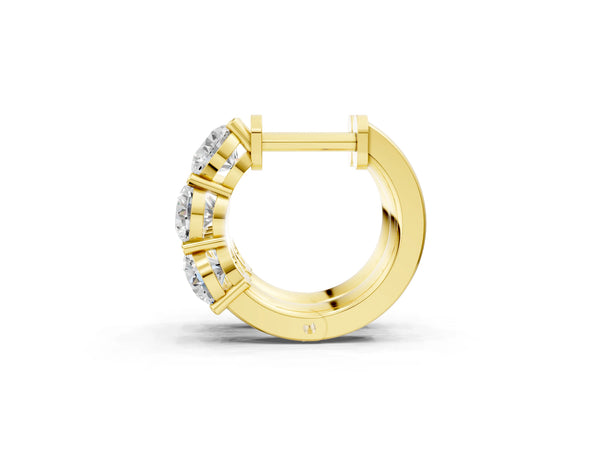 Yellow gold Triple Round Diamond Huggie Earrings with Prong Setting