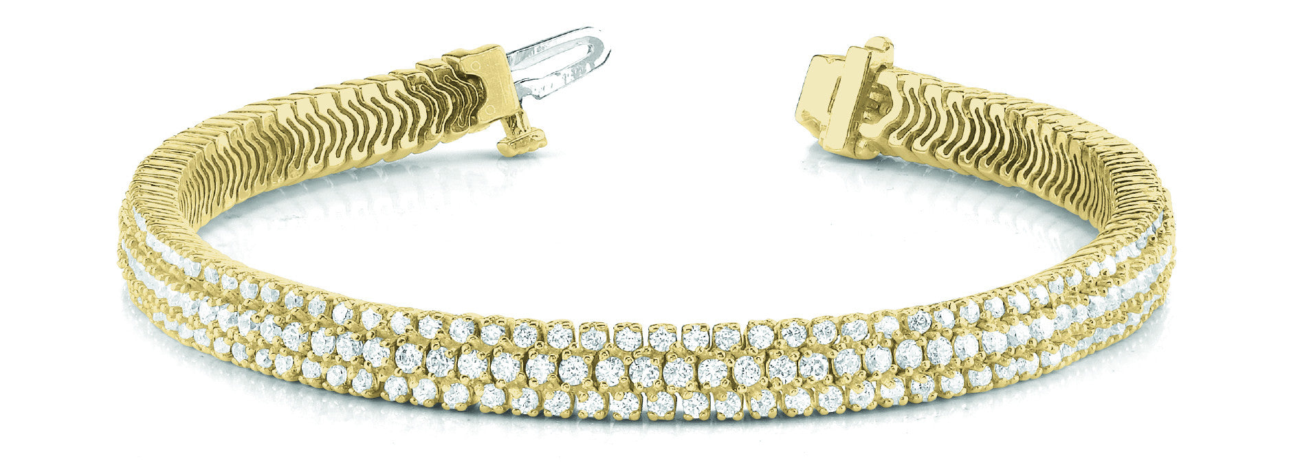 Yellow gold Triple Row Round Diamond Tennis Bracelet with Channel Set Stones and Four-Prong Setting