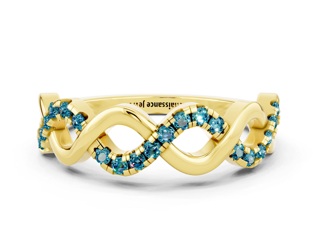 Yellow gold Twist Infinity Round Blue Topaz Band with Pavé Setting_6