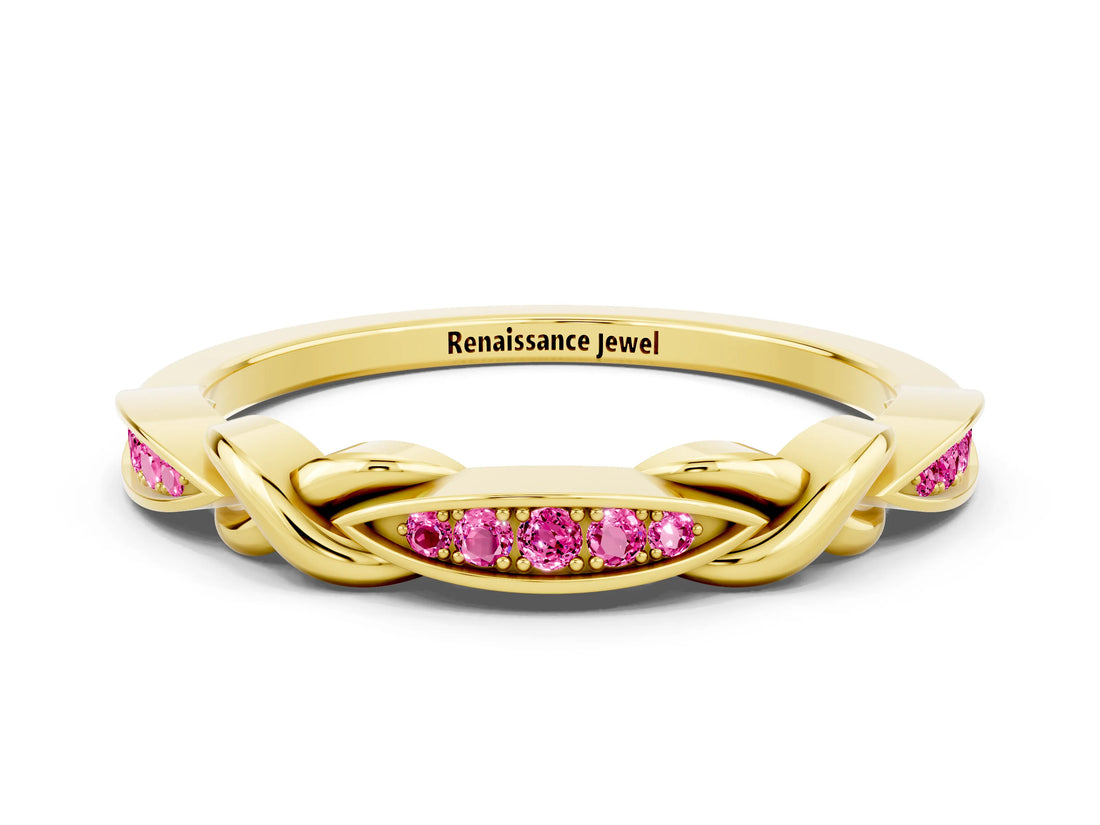 Yellow gold Twisted Marquise Pink Sapphire Pavé Band with Shared Prong Setting_18