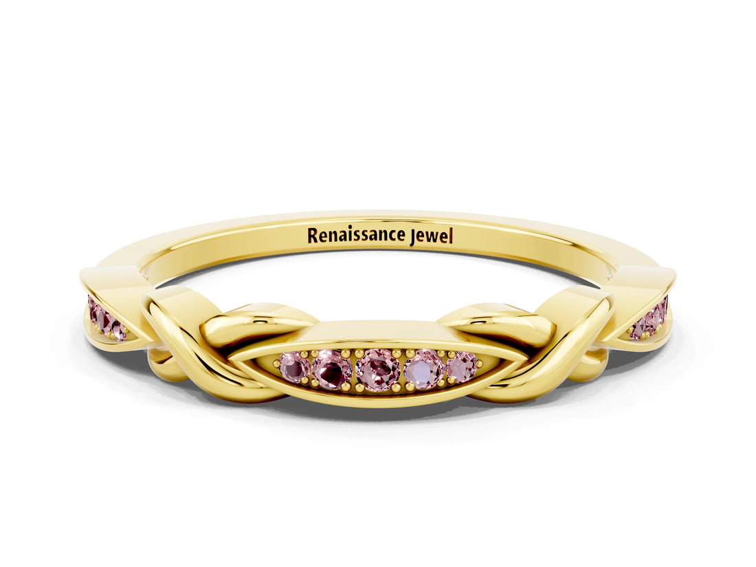 Yellow gold Twisted Morganite Marquise Pavé Band with Shared Prong Setting_6