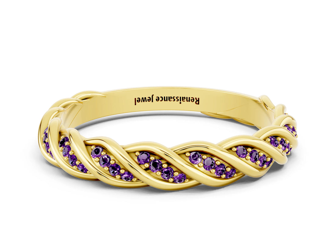 Yellow gold Twisted Pavé Round Amethyst Eternity Band with Shared Prong Setting_6