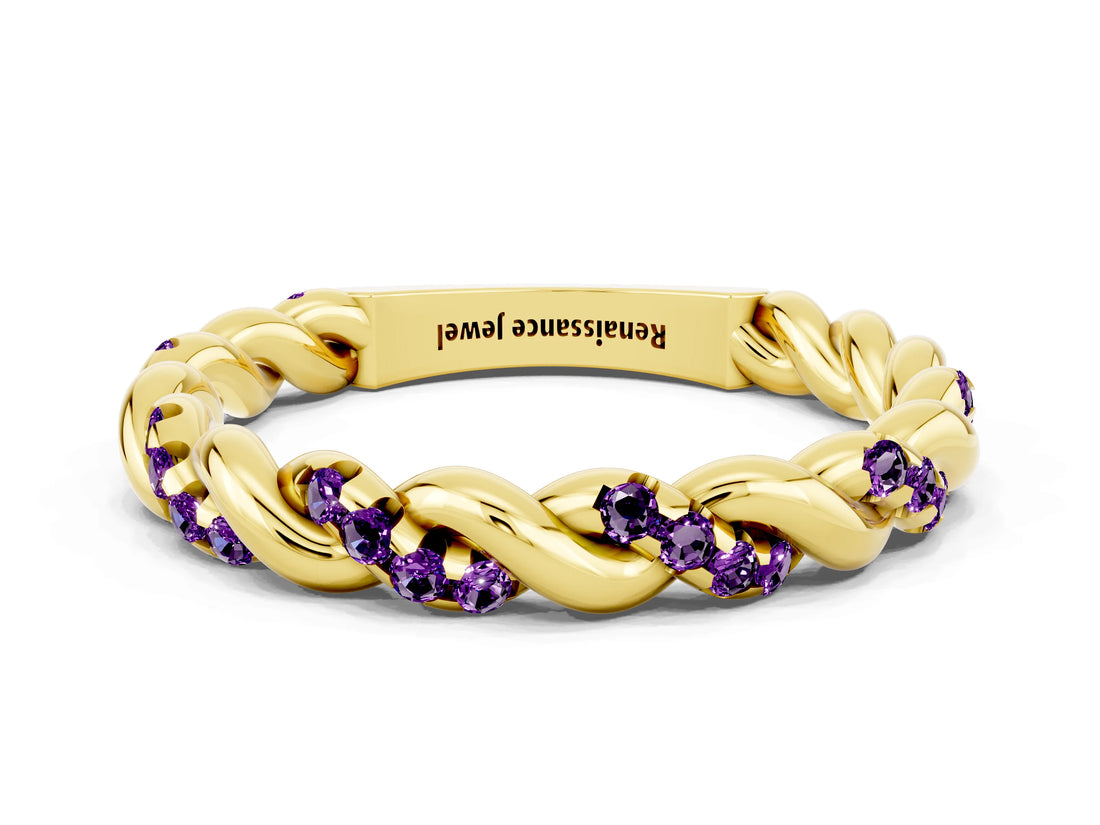 Yellow gold Twisted Pavé Round Amethyst Eternity Band_6